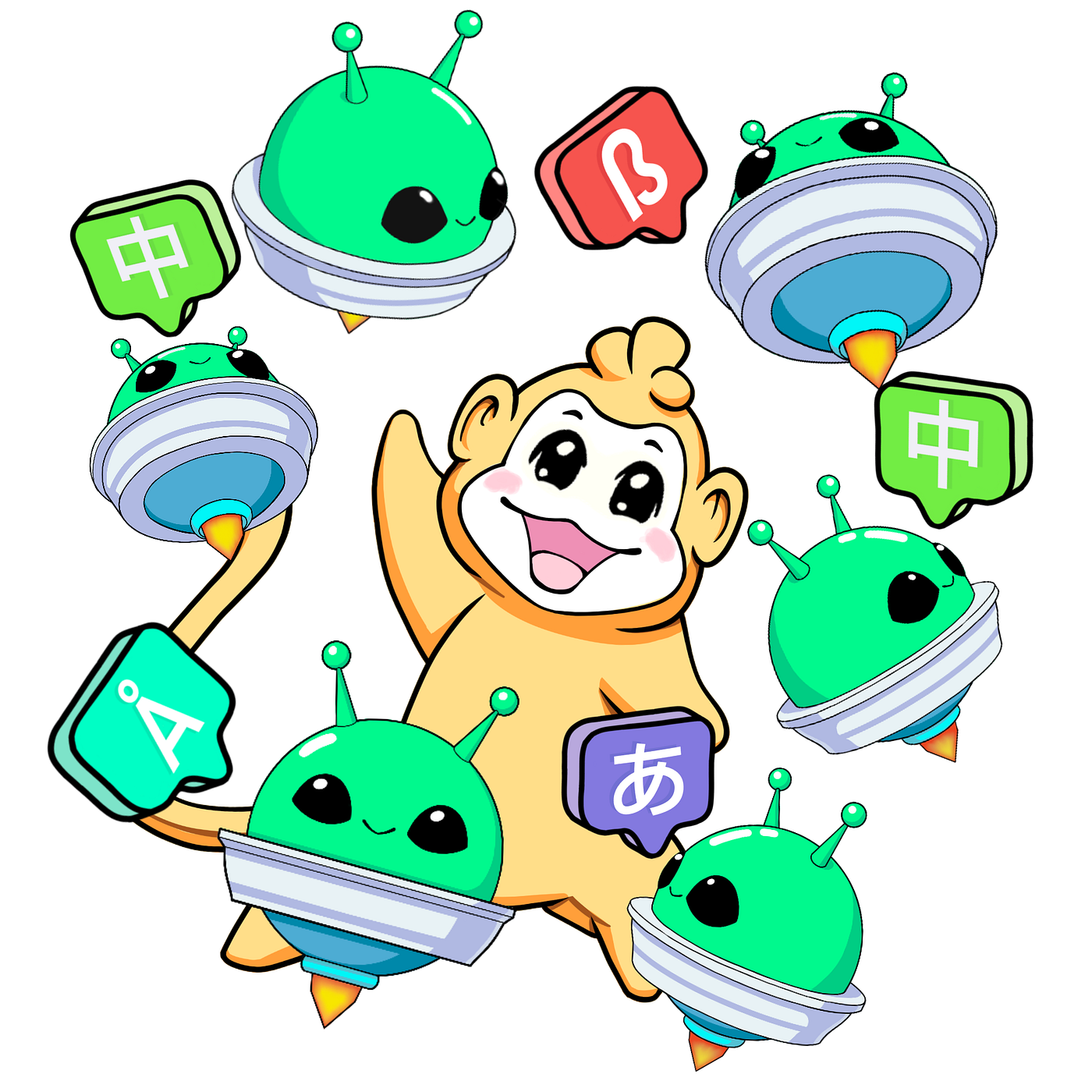 Luffy surrounded by Ai robots holding language speech bubbles