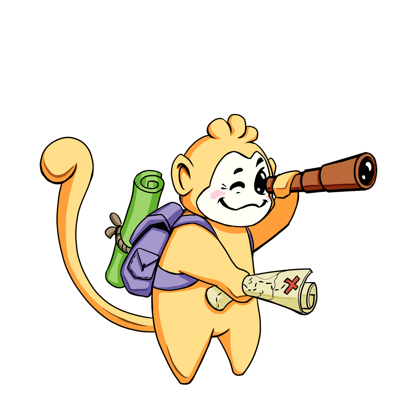 Luffy the explorer, with backpack, map and telescope