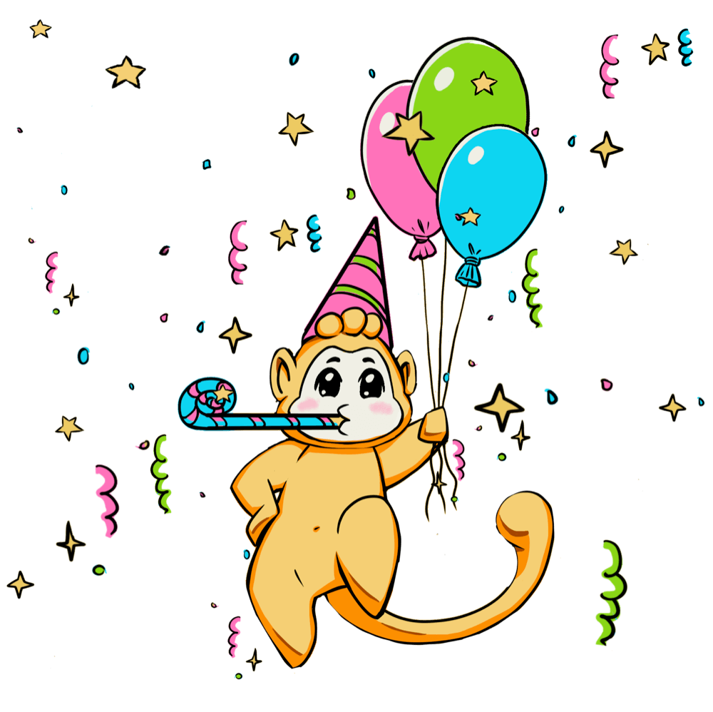 Luffy celebrating a learning milestone with balloons and confetti